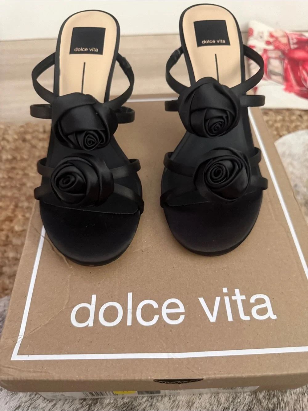 Dolce Vita Black Rose-Accent Strappy Heels